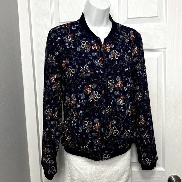 Sale!!! Zara Trafaluc Outerwear size S Floral Bomber Jacket Full Zip Navy Blue - Picture 1 of 2